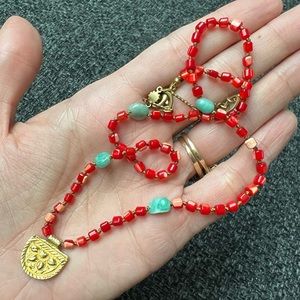 Handmade hand knotted vibrant red shaded mother of pearl layering necklace